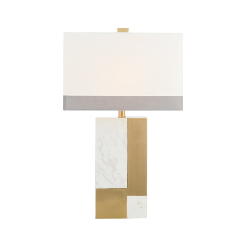 Rectangle Night Stand Light Minimalist Marble 1 Bulb Grey/White and Brass Colorblock Table Lamp with Fabric Shade Clearhalo 'Lamps' 'Table Lamps' Lighting' 1984738