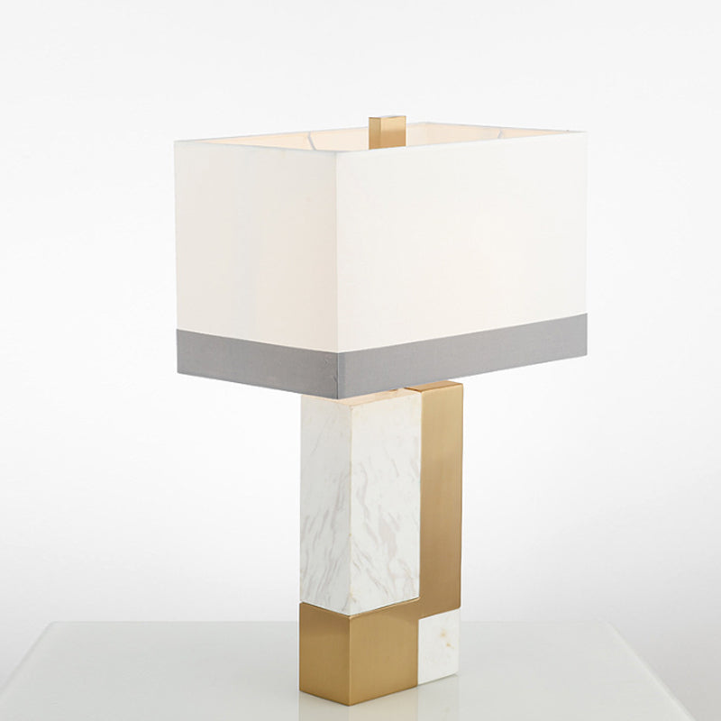 Rectangle Night Stand Light Minimalist Marble 1 Bulb Grey/White and Brass Colorblock Table Lamp with Fabric Shade Clearhalo 'Lamps' 'Table Lamps' Lighting' 1984739