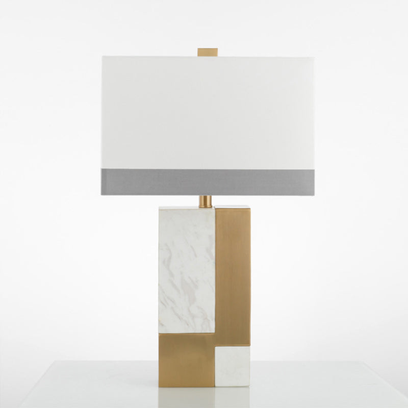 Rectangle Night Stand Light Minimalist Marble 1 Bulb Grey/White and Brass Colorblock Table Lamp with Fabric Shade Clearhalo 'Lamps' 'Table Lamps' Lighting' 1984740