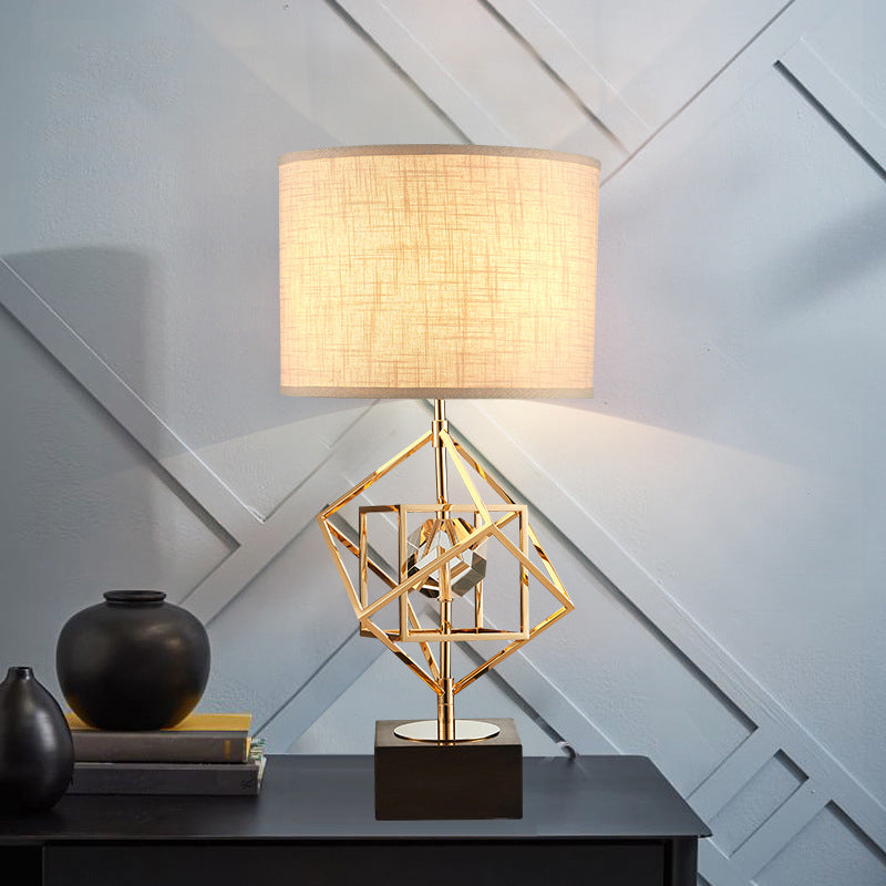 Interlocked Cube Table Lamp Postmodern Metal 1 Light Brass and Black Night Light with Cylinder Fabric Shade Black Clearhalo 'Lamps' 'Table Lamps' Lighting' 1984744