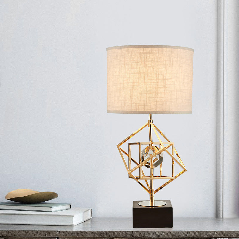 Interlocked Cube Table Lamp Postmodern Metal 1 Light Brass and Black Night Light with Cylinder Fabric Shade Clearhalo 'Lamps' 'Table Lamps' Lighting' 1984746