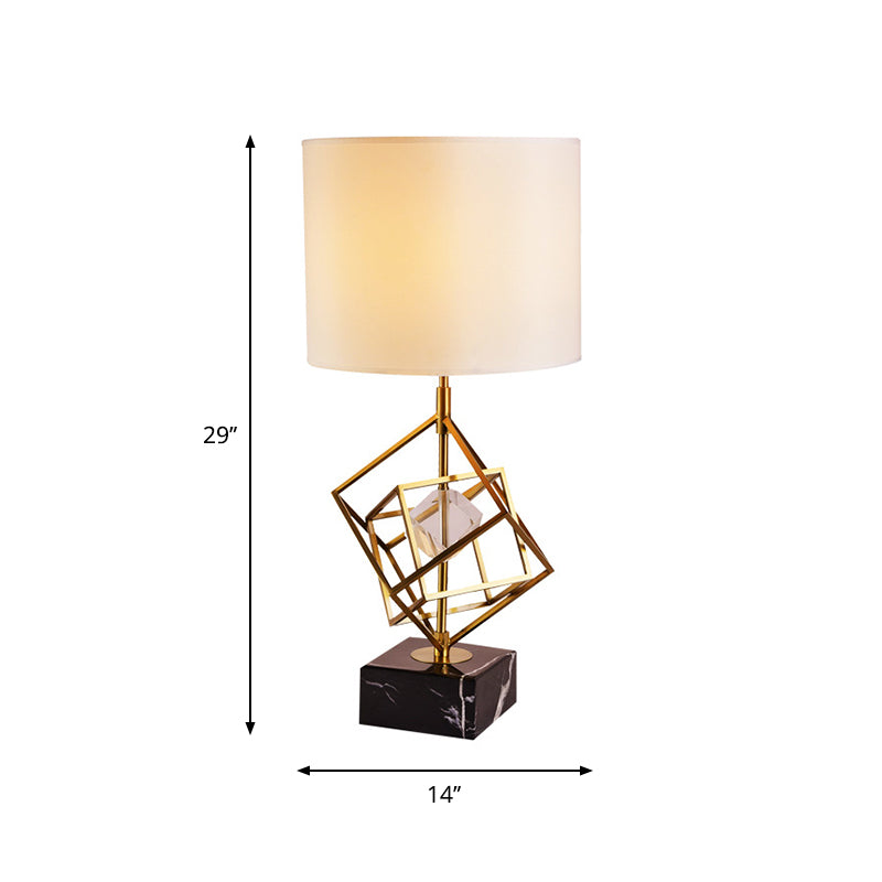 Interlocked Cube Table Lamp Postmodern Metal 1 Light Brass and Black Night Light with Cylinder Fabric Shade Clearhalo 'Lamps' 'Table Lamps' Lighting' 1984748