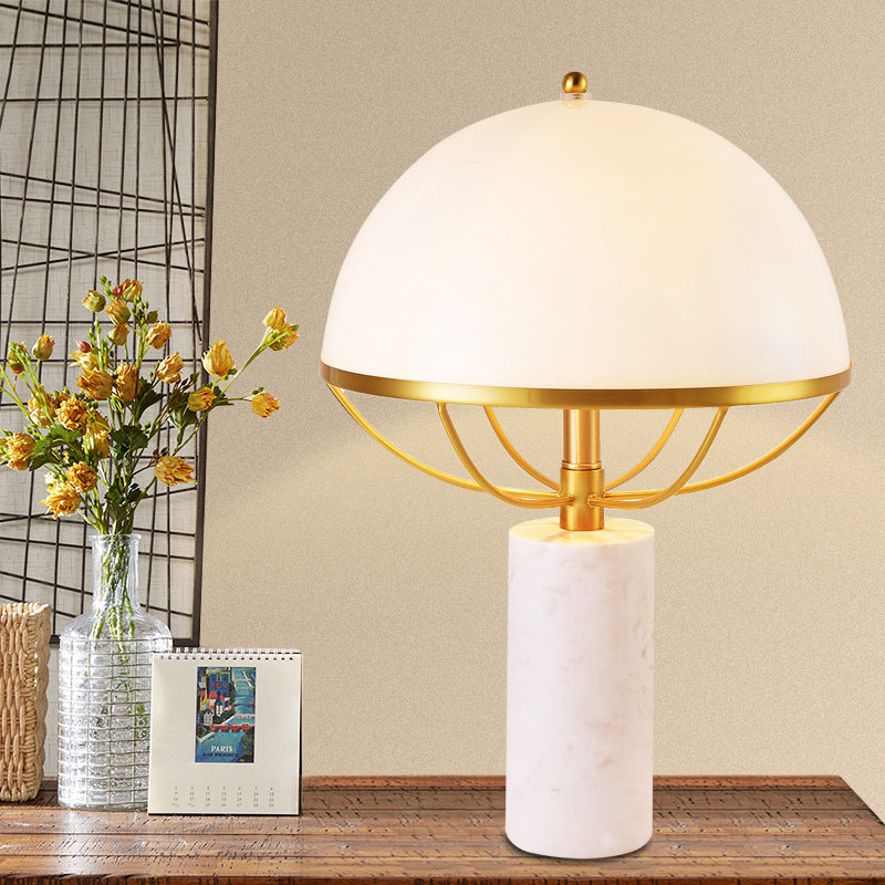 Milk Glass Half-Globe Night Lamp Designer 2-Light White and Brass Table Stand Light with Marble Pedestal Clearhalo 'Lamps' 'Table Lamps' Lighting' 1984750