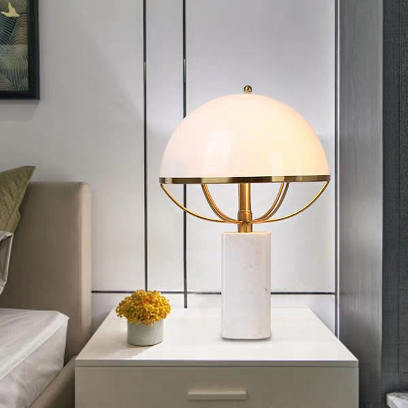 Milk Glass Half-Globe Night Lamp Designer 2-Light White and Brass Table Stand Light with Marble Pedestal Clearhalo 'Lamps' 'Table Lamps' Lighting' 1984751