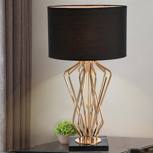 Gold Finish Hourglass Night Light Modern 1-Bulb Metal Table Lamp with Black/White Cylinder Fabric Shade Black Clearhalo 'Lamps' 'Table Lamps' Lighting' 1984767