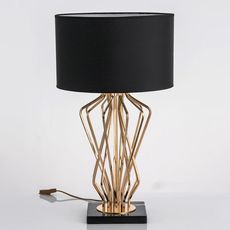 Gold Finish Hourglass Night Light Modern 1-Bulb Metal Table Lamp with Black/White Cylinder Fabric Shade Clearhalo 'Lamps' 'Table Lamps' Lighting' 1984770