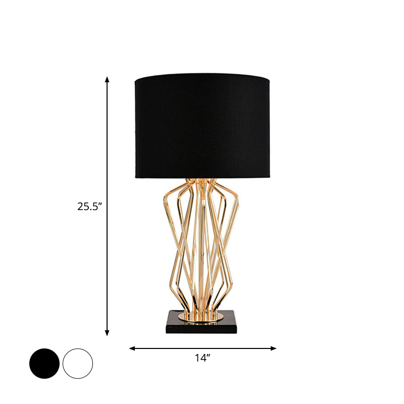 Gold Finish Hourglass Night Light Modern 1-Bulb Metal Table Lamp with Black/White Cylinder Fabric Shade Clearhalo 'Lamps' 'Table Lamps' Lighting' 1984771