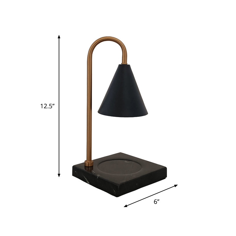 Mid-Century Cone Night Lamp Metal 1 Bulb Bedroom Gooseneck Table Lighting in Black/White/Gold with Marble Tray Base Clearhalo 'Lamps' 'Table Lamps' Lighting' 1984820
