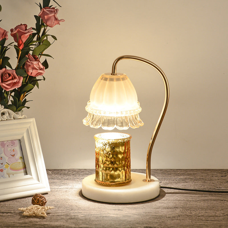 Tan Glass Flower Nightstand Lamp Designer 1-Light White and Brass Gooseneck Table Light White Clearhalo 'Lamps' 'Table Lamps' Lighting' 1984825