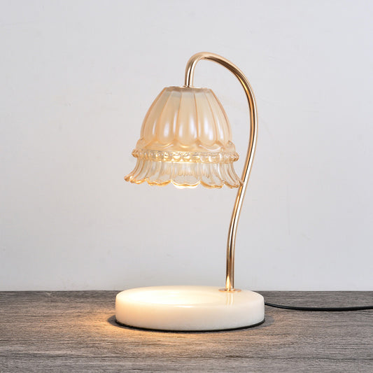 Tan Glass Flower Nightstand Lamp Designer 1-Light White and Brass Gooseneck Table Light Clearhalo 'Lamps' 'Table Lamps' Lighting' 1984826
