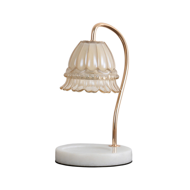Tan Glass Flower Nightstand Lamp Designer 1-Light White and Brass Gooseneck Table Light Clearhalo 'Lamps' 'Table Lamps' Lighting' 1984828