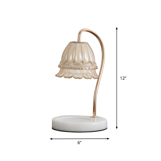 Tan Glass Flower Nightstand Lamp Designer 1-Light White and Brass Gooseneck Table Light Clearhalo 'Lamps' 'Table Lamps' Lighting' 1984829