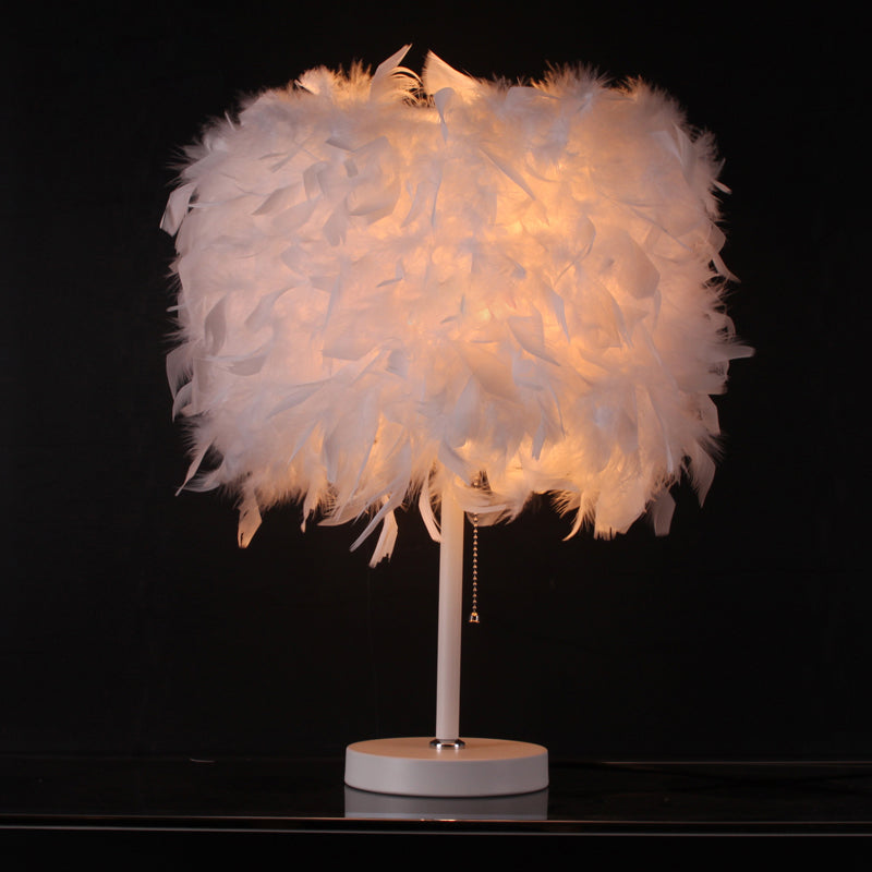 White/Red/Pink Cylindrical Table Lamp Romantic Modern 1 Bulb Feather Pull-Chain Nightstand Light White Clearhalo 'Lamps' 'Table Lamps' Lighting' 1984860