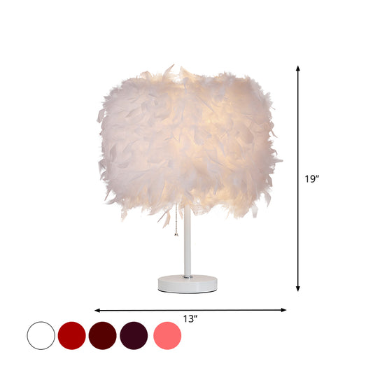 White/Red/Pink Cylindrical Table Lamp Romantic Modern 1 Bulb Feather Pull-Chain Nightstand Light Clearhalo 'Lamps' 'Table Lamps' Lighting' 1984864