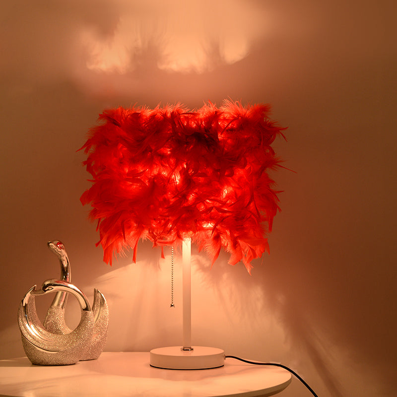 White/Red/Pink Cylindrical Table Lamp Romantic Modern 1 Bulb Feather Pull-Chain Nightstand Light Red Clearhalo 'Lamps' 'Table Lamps' Lighting' 1984865