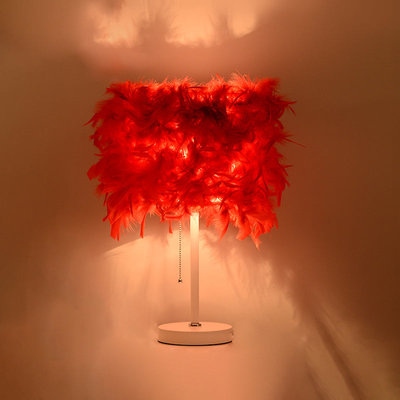 White/Red/Pink Cylindrical Table Lamp Romantic Modern 1 Bulb Feather Pull-Chain Nightstand Light Clearhalo 'Lamps' 'Table Lamps' Lighting' 1984866