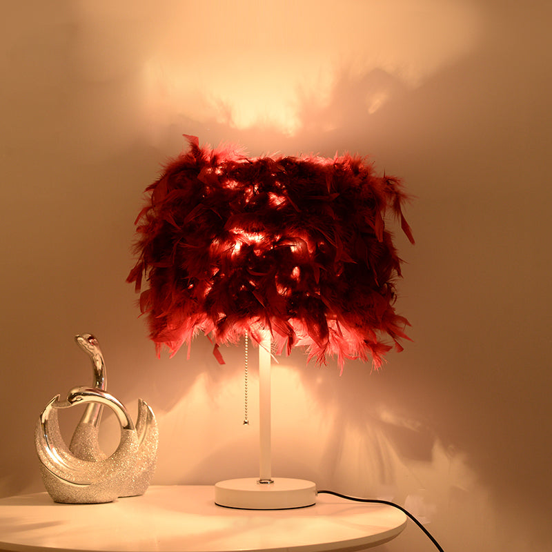White/Red/Pink Cylindrical Table Lamp Romantic Modern 1 Bulb Feather Pull-Chain Nightstand Light Burgundy Clearhalo 'Lamps' 'Table Lamps' Lighting' 1984867