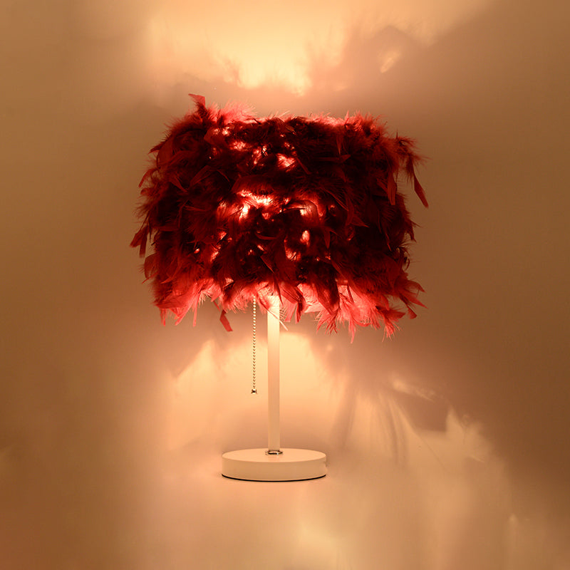 White/Red/Pink Cylindrical Table Lamp Romantic Modern 1 Bulb Feather Pull-Chain Nightstand Light Clearhalo 'Lamps' 'Table Lamps' Lighting' 1984868