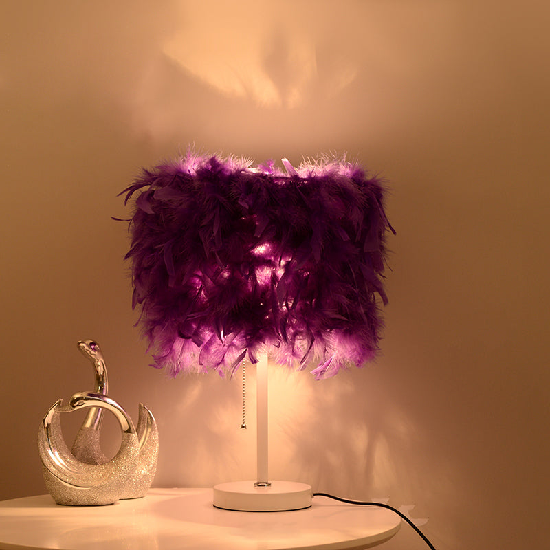 White/Red/Pink Cylindrical Table Lamp Romantic Modern 1 Bulb Feather Pull-Chain Nightstand Light Purple Clearhalo 'Lamps' 'Table Lamps' Lighting' 1984869