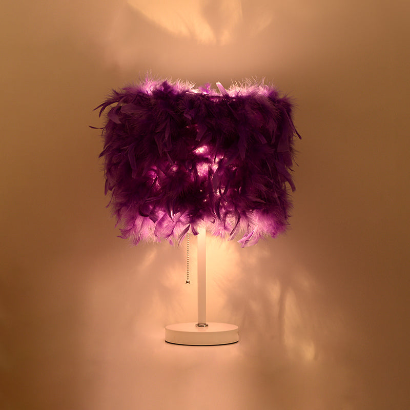 White/Red/Pink Cylindrical Table Lamp Romantic Modern 1 Bulb Feather Pull-Chain Nightstand Light Clearhalo 'Lamps' 'Table Lamps' Lighting' 1984870