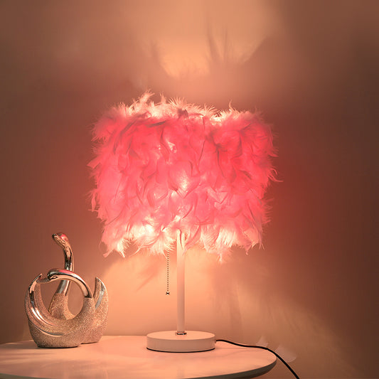 White/Red/Pink Cylindrical Table Lamp Romantic Modern 1 Bulb Feather Pull-Chain Nightstand Light Pink Clearhalo 'Lamps' 'Table Lamps' Lighting' 1984871