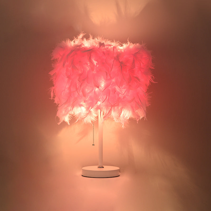 White/Red/Pink Cylindrical Table Lamp Romantic Modern 1 Bulb Feather Pull-Chain Nightstand Light Clearhalo 'Lamps' 'Table Lamps' Lighting' 1984872