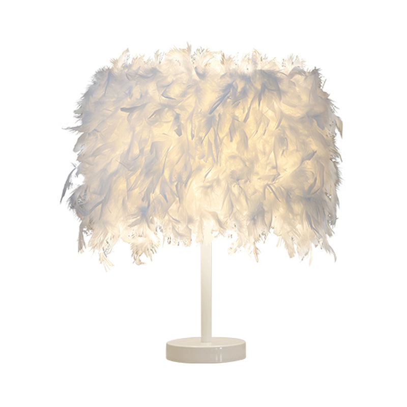 10"/14" Wide Cylinder Shaped Night Light Modern Feather 1 Head Bedside Table Lamp in Pink/White/Purple White Clearhalo 'Lamps' 'Table Lamps' Lighting' 1984873