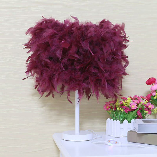 10"/14" Wide Cylinder Shaped Night Light Modern Feather 1 Head Bedside Table Lamp in Pink/White/Purple Burgundy Clearhalo 'Lamps' 'Table Lamps' Lighting' 1984877