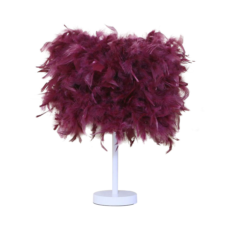 10"/14" Wide Cylinder Shaped Night Light Modern Feather 1 Head Bedside Table Lamp in Pink/White/Purple Clearhalo 'Lamps' 'Table Lamps' Lighting' 1984878