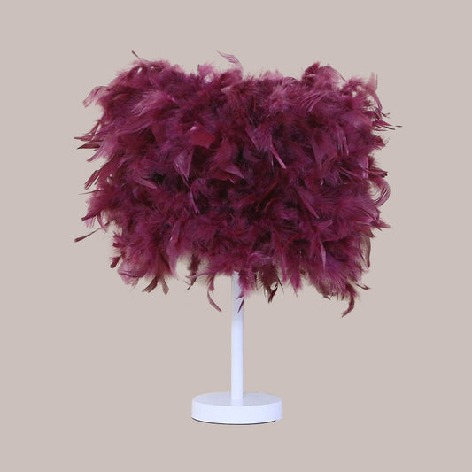 10"/14" Wide Cylinder Shaped Night Light Modern Feather 1 Head Bedside Table Lamp in Pink/White/Purple Clearhalo 'Lamps' 'Table Lamps' Lighting' 1984879
