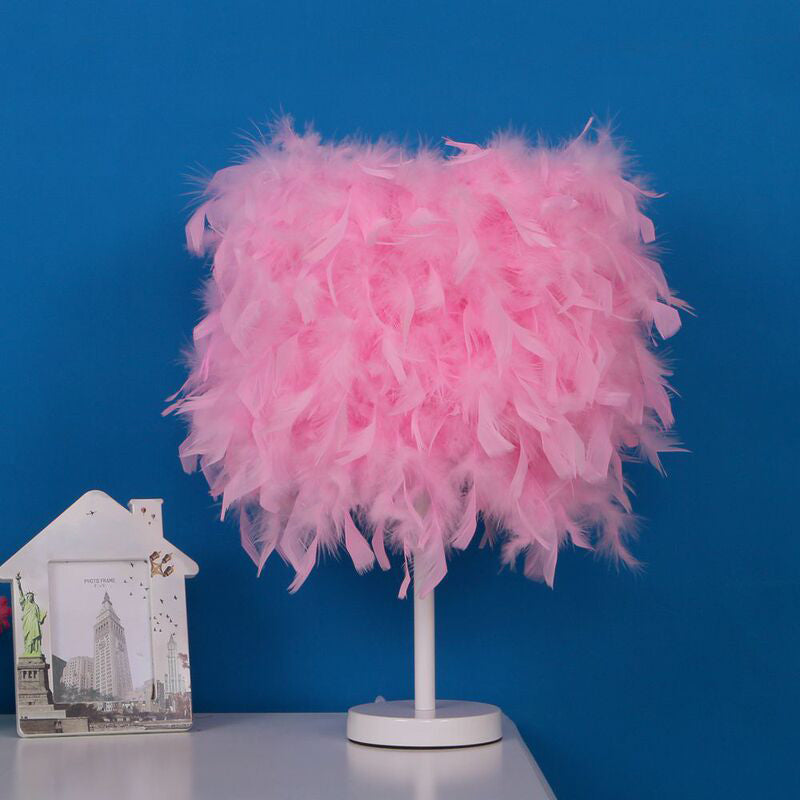 10"/14" Wide Cylinder Shaped Night Light Modern Feather 1 Head Bedside Table Lamp in Pink/White/Purple Pink Clearhalo 'Lamps' 'Table Lamps' Lighting' 1984880