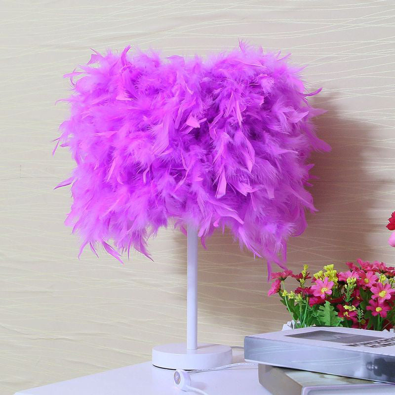 10"/14" Wide Cylinder Shaped Night Light Modern Feather 1 Head Bedside Table Lamp in Pink/White/Purple Purple Clearhalo 'Lamps' 'Table Lamps' Lighting' 1984882