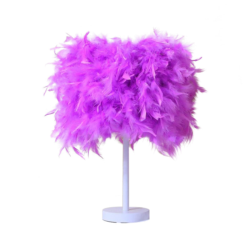 10"/14" Wide Cylinder Shaped Night Light Modern Feather 1 Head Bedside Table Lamp in Pink/White/Purple Clearhalo 'Lamps' 'Table Lamps' Lighting' 1984883