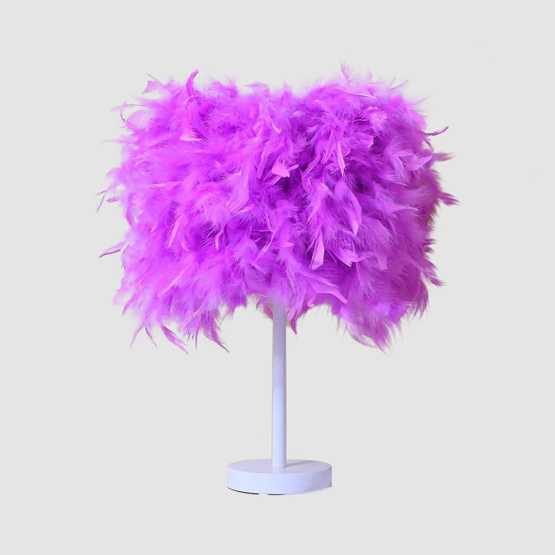 10"/14" Wide Cylinder Shaped Night Light Modern Feather 1 Head Bedside Table Lamp in Pink/White/Purple Clearhalo 'Lamps' 'Table Lamps' Lighting' 1984884