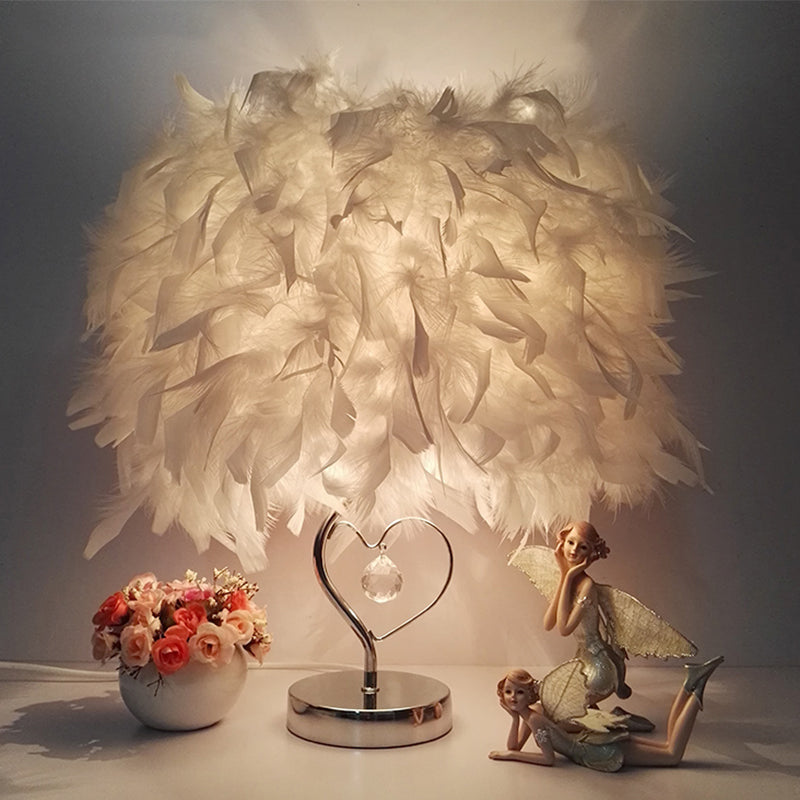 Modern Single Nightstand Lamp Red/White/Pink Bucket Shaped Table Light with Feather Shade and Crystal Drop White Clearhalo 'Lamps' 'Table Lamps' Lighting' 1984885