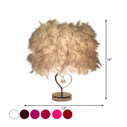 Modern Single Nightstand Lamp Red/White/Pink Bucket Shaped Table Light with Feather Shade and Crystal Drop Clearhalo 'Lamps' 'Table Lamps' Lighting' 1984889