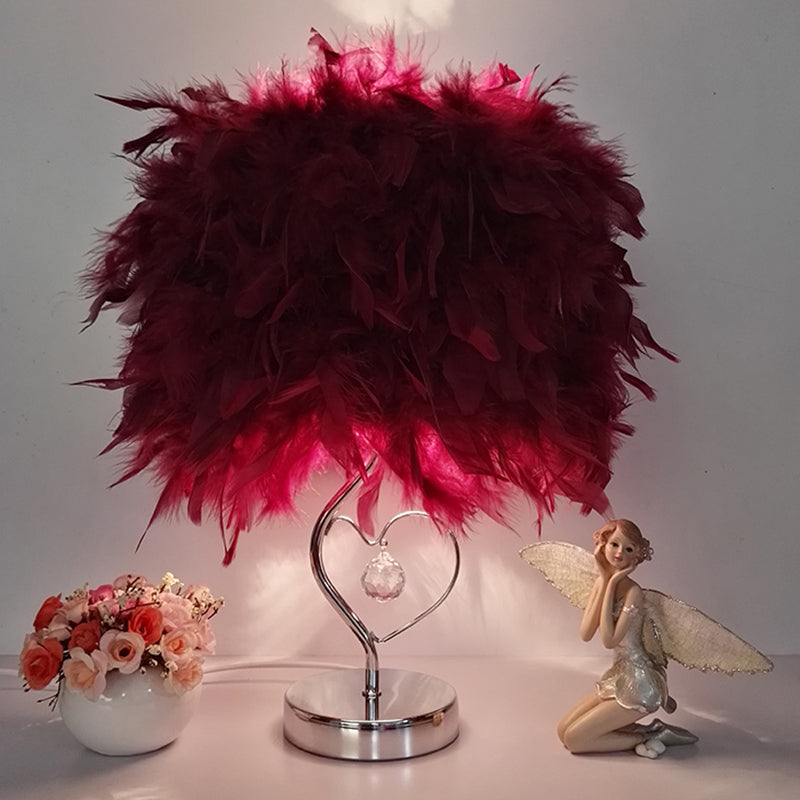 Modern Single Nightstand Lamp Red/White/Pink Bucket Shaped Table Light with Feather Shade and Crystal Drop Burgundy Clearhalo 'Lamps' 'Table Lamps' Lighting' 1984890