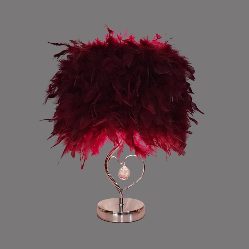 Modern Single Nightstand Lamp Red/White/Pink Bucket Shaped Table Light with Feather Shade and Crystal Drop Clearhalo 'Lamps' 'Table Lamps' Lighting' 1984892