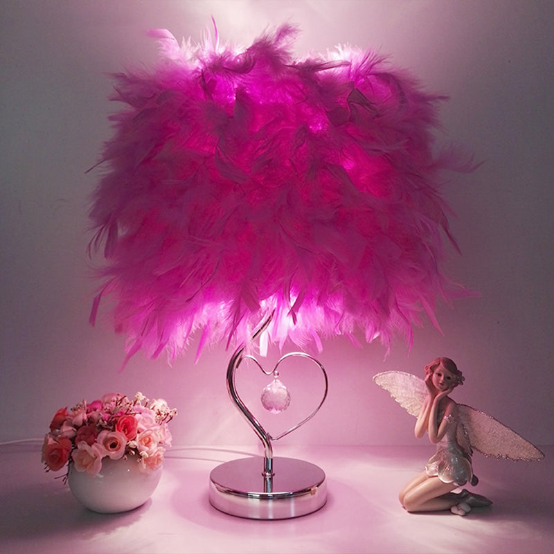 Modern Single Nightstand Lamp Red/White/Pink Bucket Shaped Table Light with Feather Shade and Crystal Drop Purple Clearhalo 'Lamps' 'Table Lamps' Lighting' 1984893