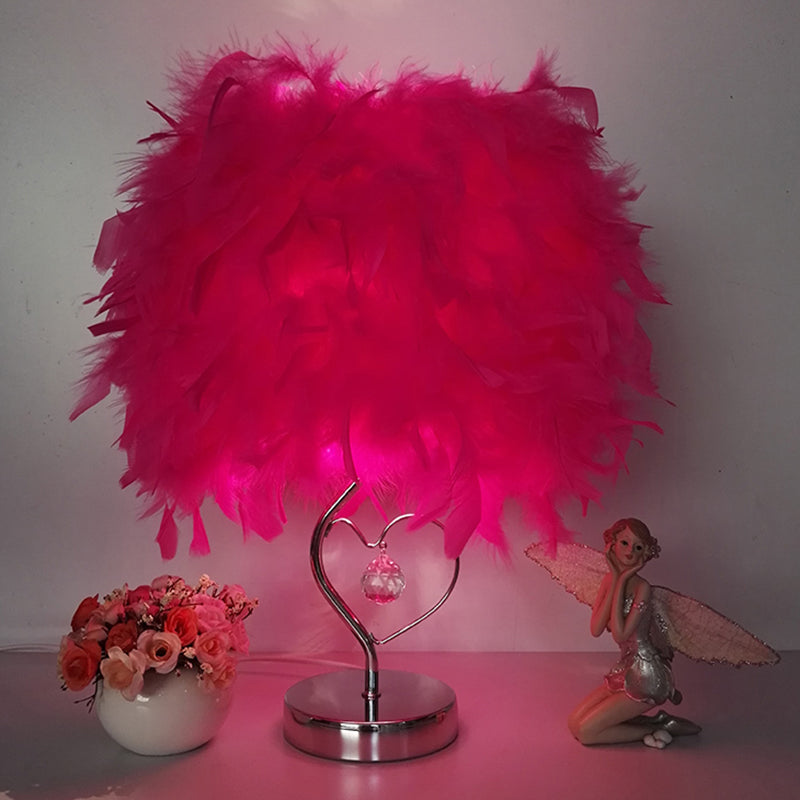 Modern Single Nightstand Lamp Red/White/Pink Bucket Shaped Table Light with Feather Shade and Crystal Drop Peach Clearhalo 'Lamps' 'Table Lamps' Lighting' 1984894