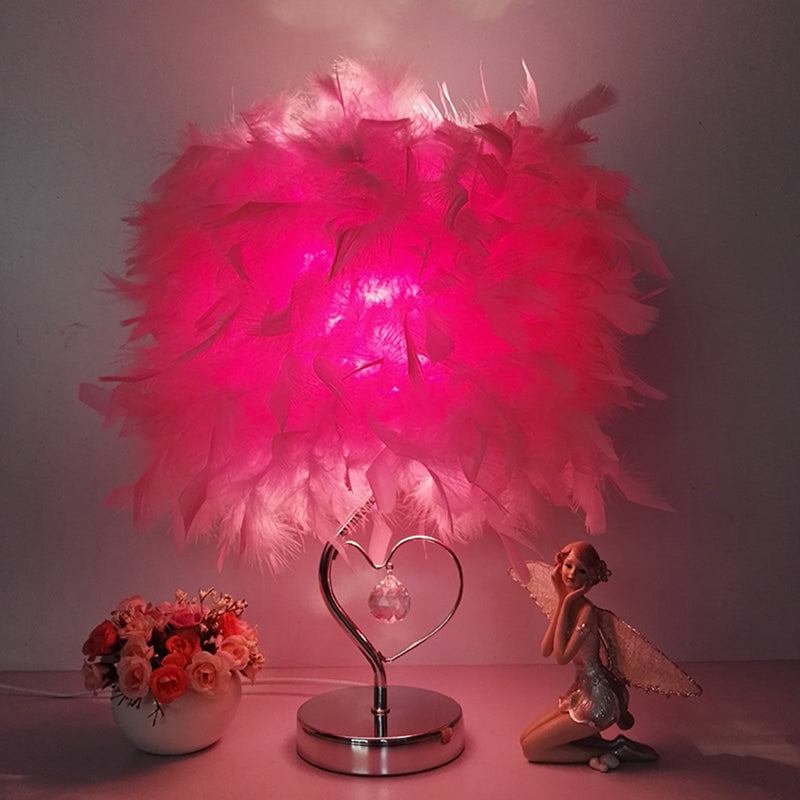 Modern Single Nightstand Lamp Red/White/Pink Bucket Shaped Table Light with Feather Shade and Crystal Drop Pink Clearhalo 'Lamps' 'Table Lamps' Lighting' 1984895