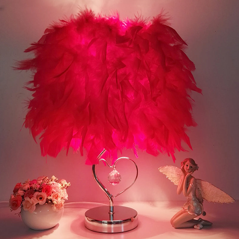 Modern Single Nightstand Lamp Red/White/Pink Bucket Shaped Table Light with Feather Shade and Crystal Drop Red Clearhalo 'Lamps' 'Table Lamps' Lighting' 1984896