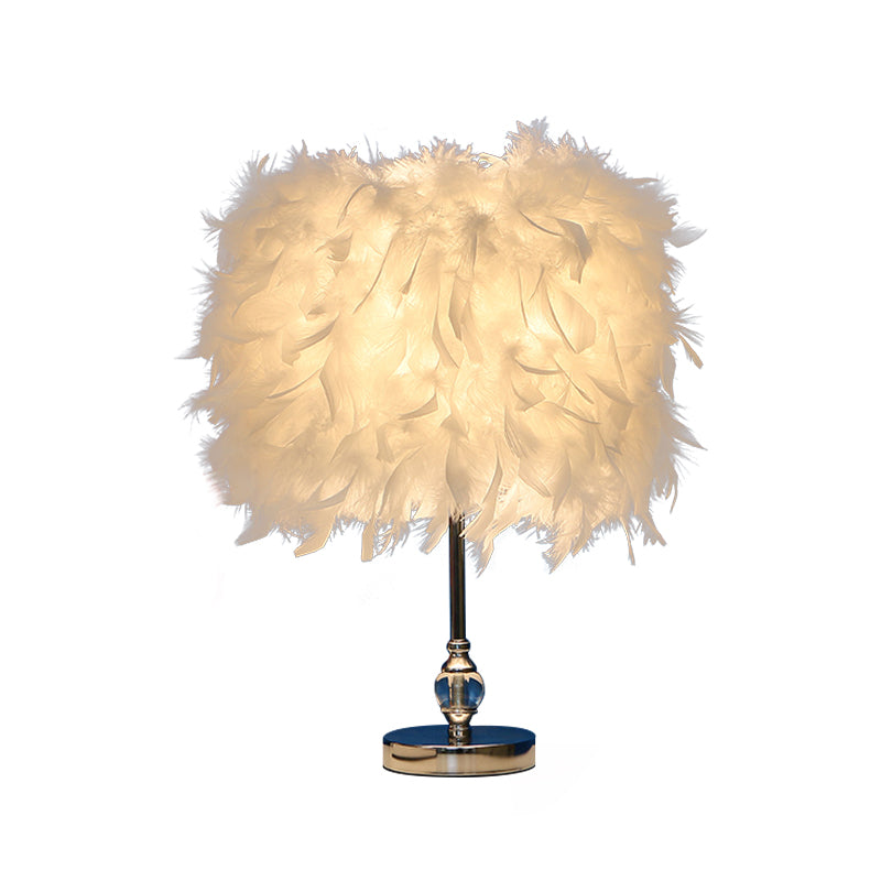 Simplicity Drum Night Lamp Feather 1-Light Bedroom Table Lighting in Pink/Red/Yellow with Crystal Decor Clearhalo 'Lamps' 'Table Lamps' Lighting' 1984899