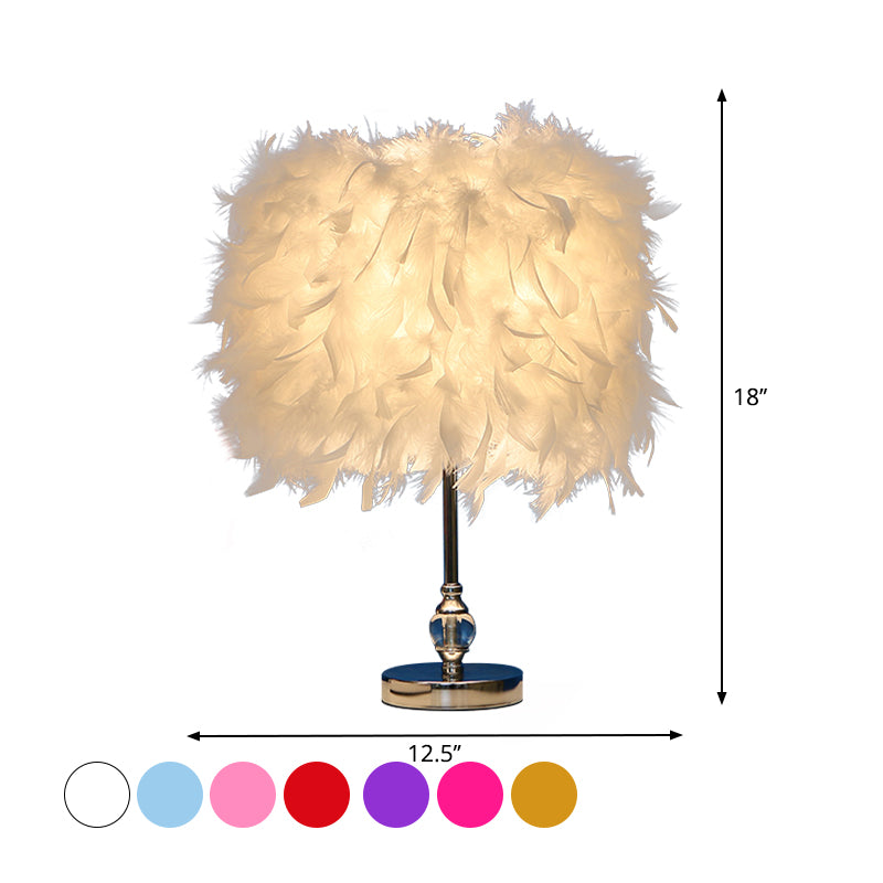 Simplicity Drum Night Lamp Feather 1-Light Bedroom Table Lighting in Pink/Red/Yellow with Crystal Decor Clearhalo 'Lamps' 'Table Lamps' Lighting' 1984901