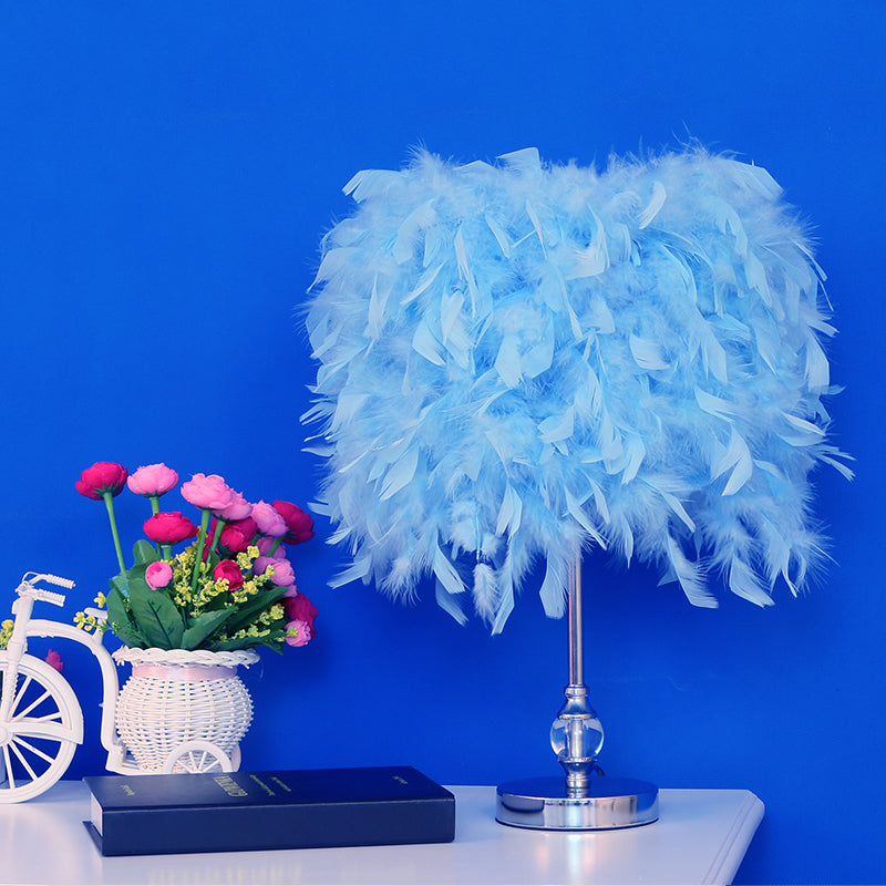 Simplicity Drum Night Lamp Feather 1-Light Bedroom Table Lighting in Pink/Red/Yellow with Crystal Decor Blue Clearhalo 'Lamps' 'Table Lamps' Lighting' 1984902