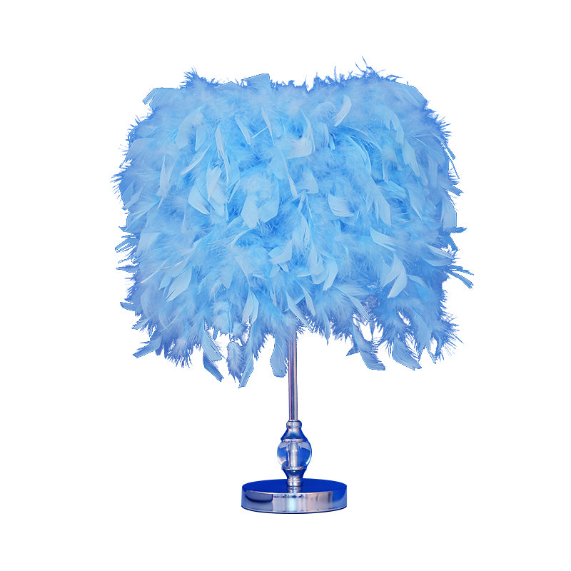 Simplicity Drum Night Lamp Feather 1-Light Bedroom Table Lighting in Pink/Red/Yellow with Crystal Decor Clearhalo 'Lamps' 'Table Lamps' Lighting' 1984903