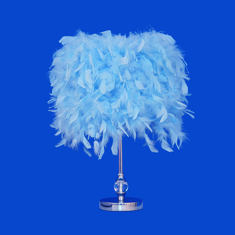 Simplicity Drum Night Lamp Feather 1-Light Bedroom Table Lighting in Pink/Red/Yellow with Crystal Decor Clearhalo 'Lamps' 'Table Lamps' Lighting' 1984904