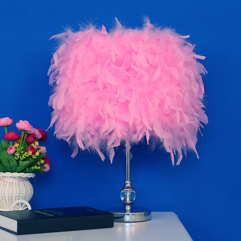Simplicity Drum Night Lamp Feather 1-Light Bedroom Table Lighting in Pink/Red/Yellow with Crystal Decor Pink Clearhalo 'Lamps' 'Table Lamps' Lighting' 1984905