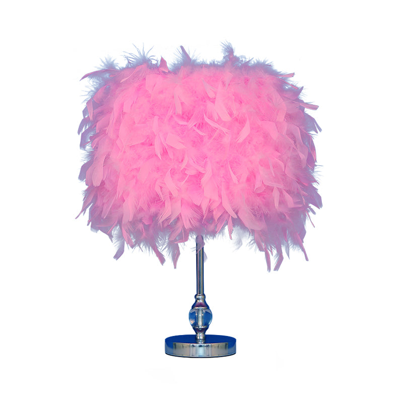 Simplicity Drum Night Lamp Feather 1-Light Bedroom Table Lighting in Pink/Red/Yellow with Crystal Decor Clearhalo 'Lamps' 'Table Lamps' Lighting' 1984906