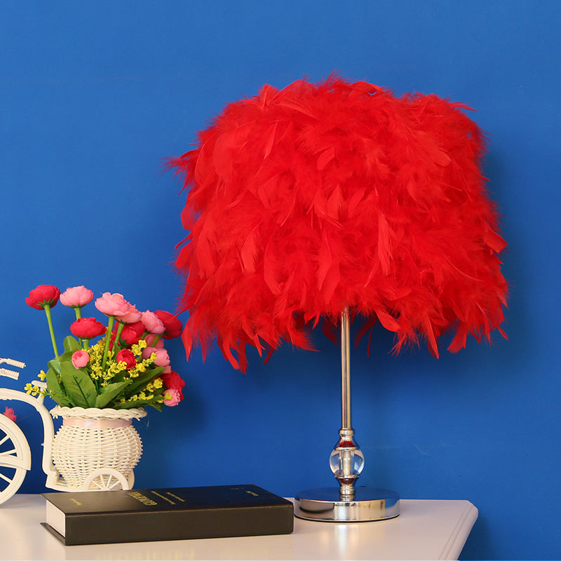Simplicity Drum Night Lamp Feather 1-Light Bedroom Table Lighting in Pink/Red/Yellow with Crystal Decor Red Clearhalo 'Lamps' 'Table Lamps' Lighting' 1984908
